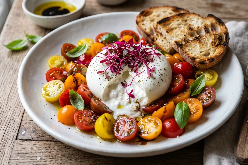 Amaranth Filizli Burrata ve Çeri Domates Tabağı — servis tabağı