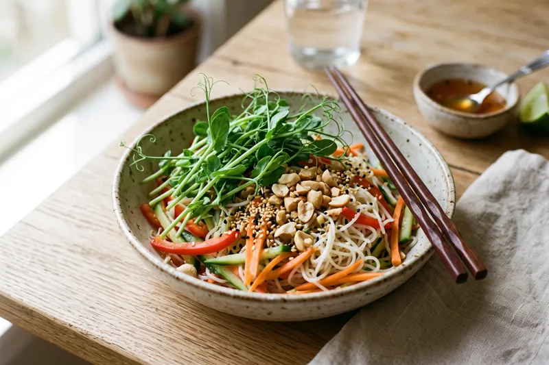Bezelye Filizli Soğuk Noodle Salatası — servis tabağı