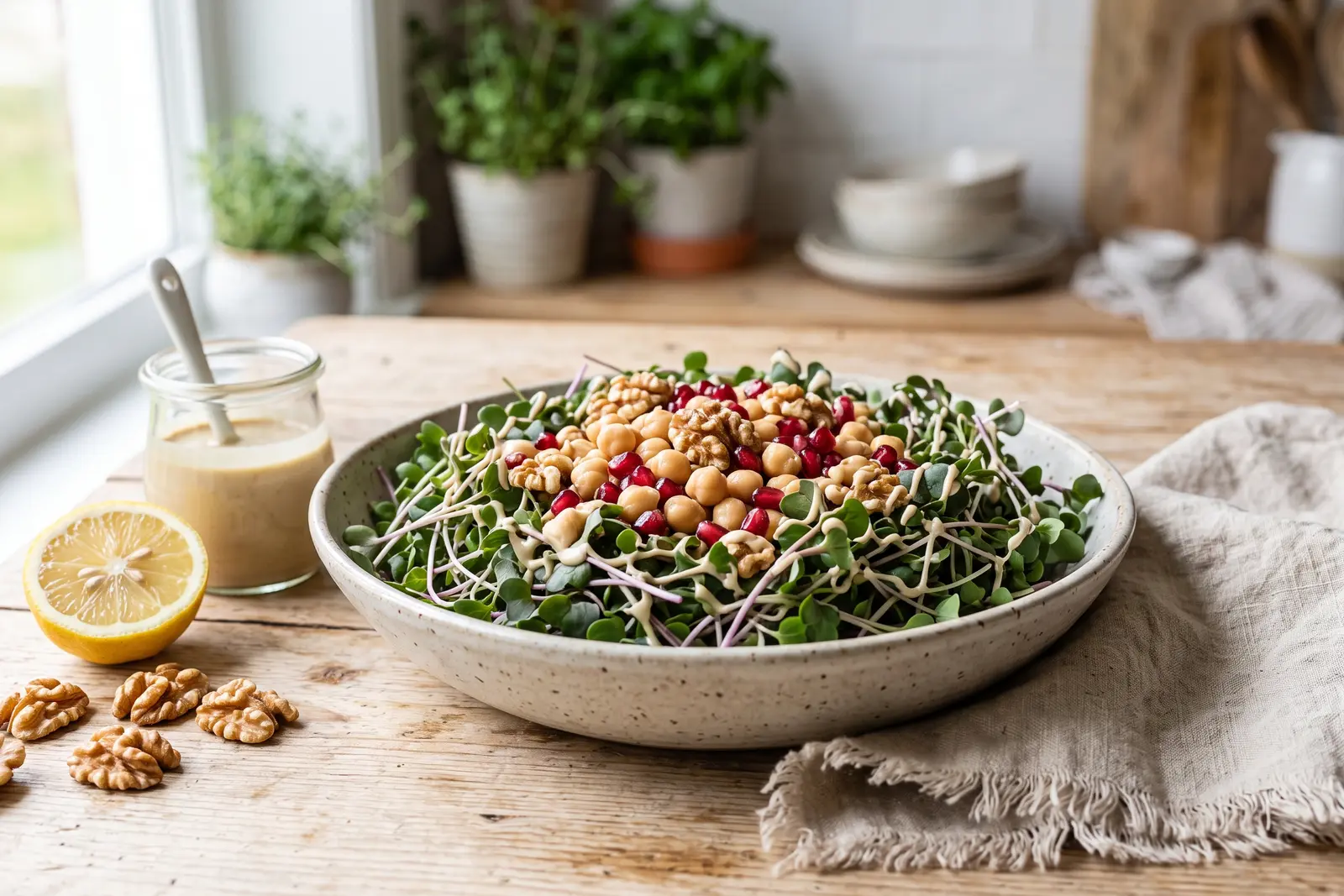 Karalahana Filizli Tahinli Nohut Salatası — servis tabağı