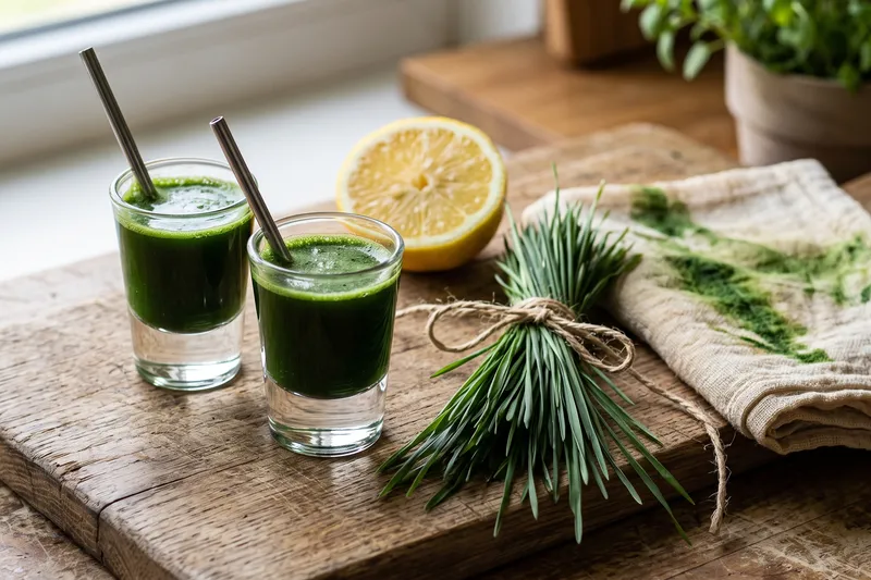 Limonlu Buğday Çimi Shotu — servis tabağı