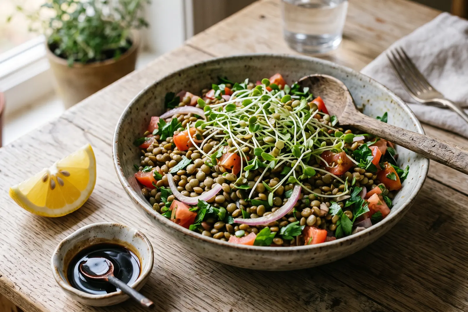 Mercimek Filizli Yeşil Mercimek Salatası — servis tabağı