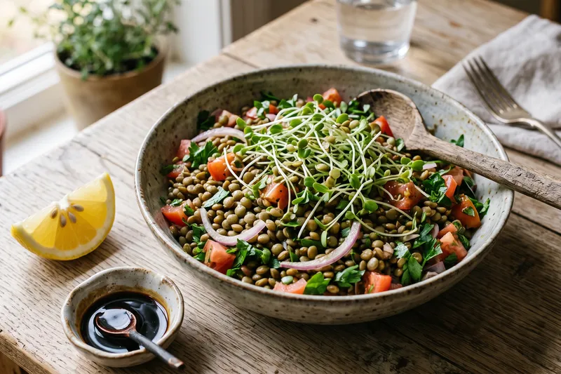 Mercimek Filizli Yeşil Mercimek Salatası — servis tabağı